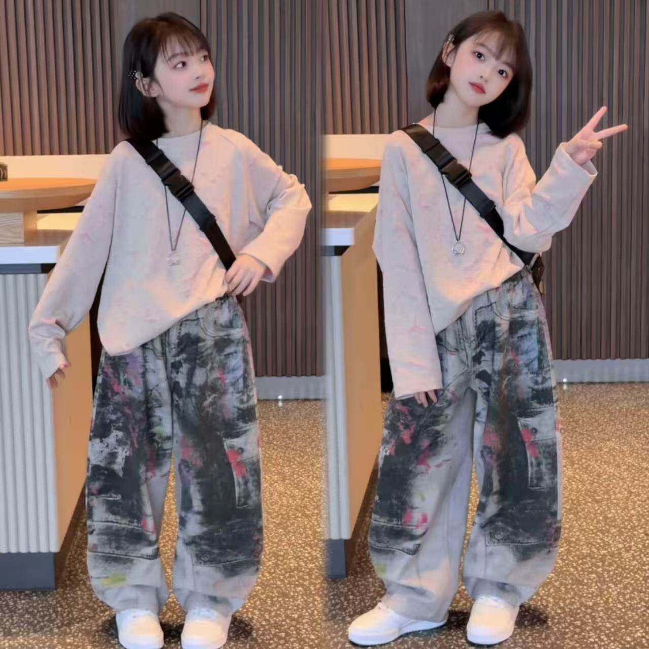 女童春季美式涂鸦T恤牛仔裤套装