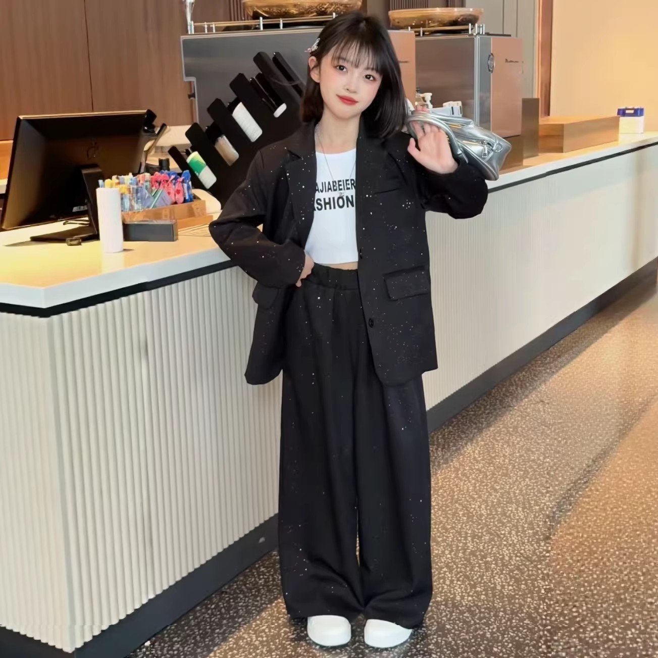 女童新款时髦撒银满天星西装