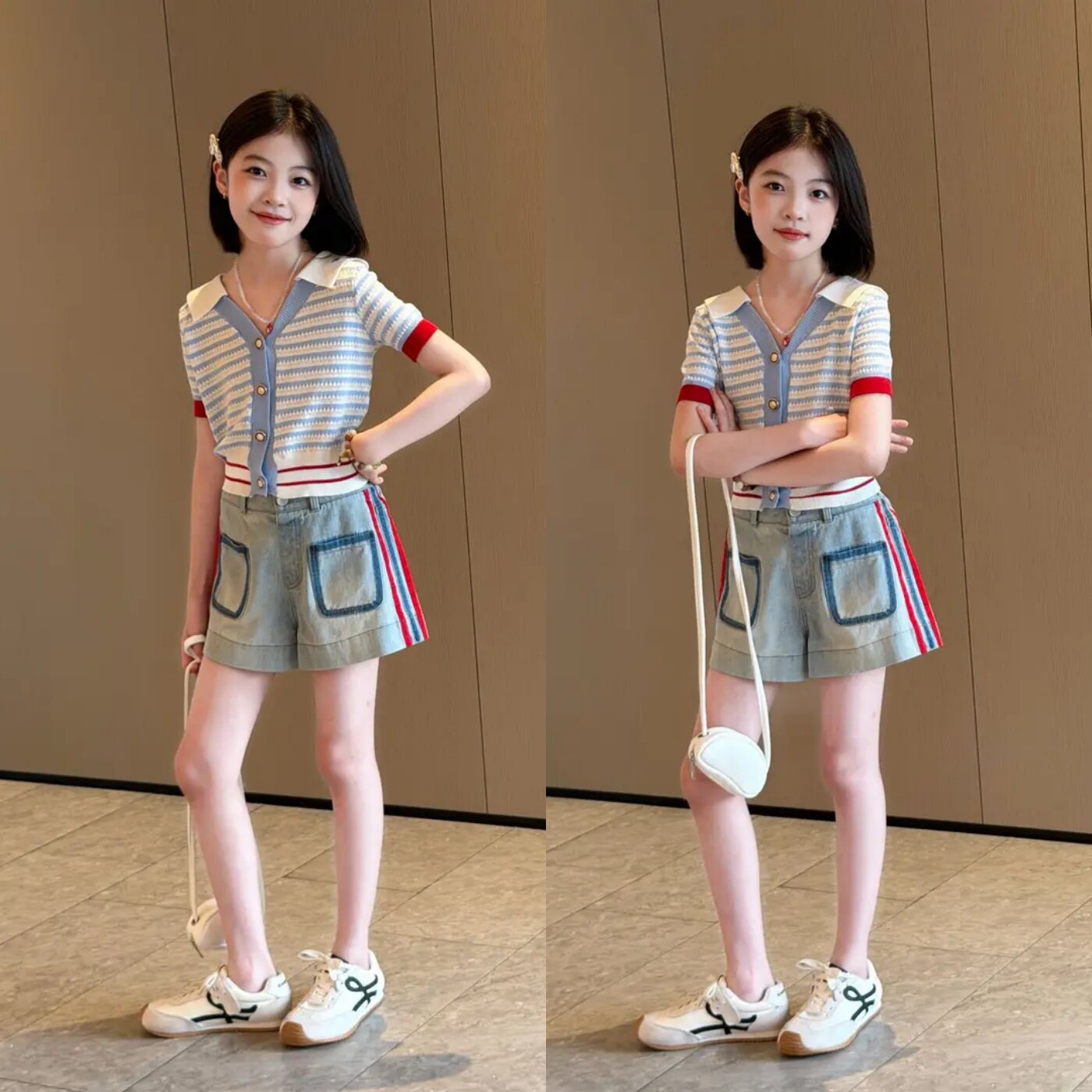 女童夏季蓝白条纹针织短袖套装