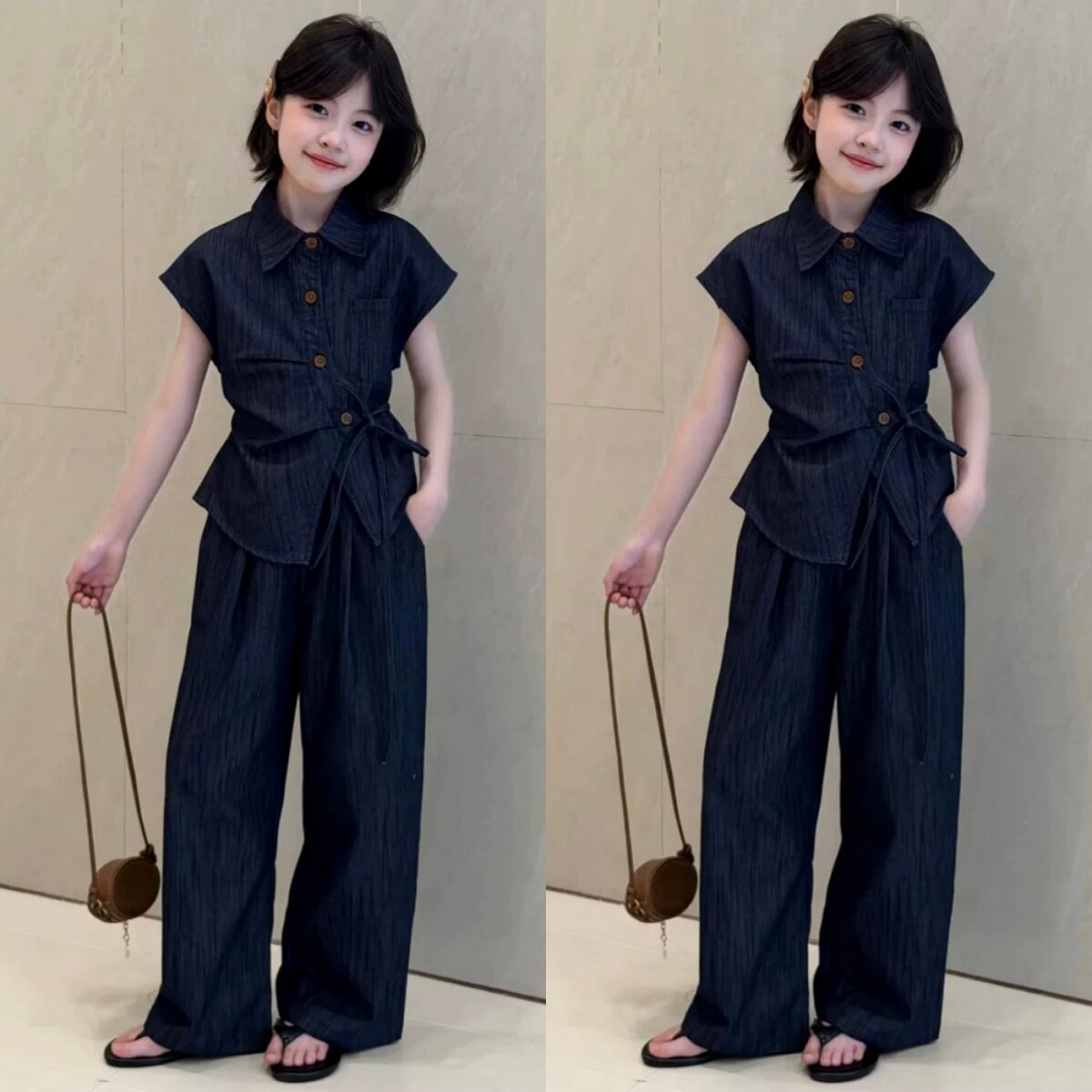 女童2026夏季休闲牛仔两件套收腰系带显瘦设计感中大童套装薄款
