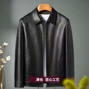 海宁仿皮皮衣男春秋薄款 中老年皮夹克男 黑色翻领皮夹克外套常规款