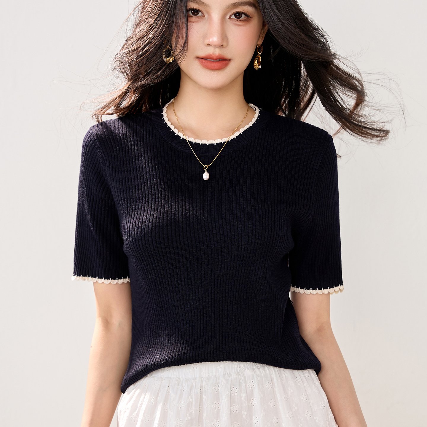 实拍新款春夏冰丝针织衫女短袖套头撞色简约法式短款针织T恤上衣