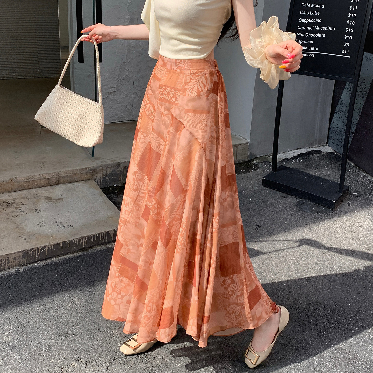 印花不规则鱼尾印花雪纺半身裙女2026夏季新款绝美长裙子