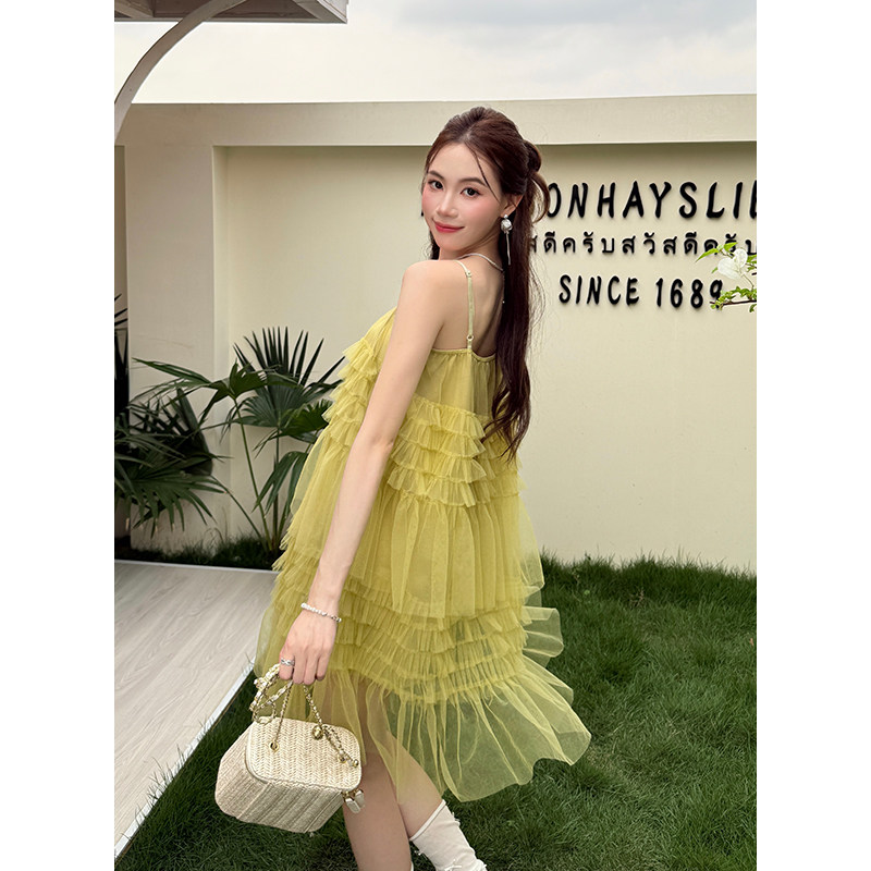 实拍 夏季新款女装法式优雅纯色吊带裙子雪纺网纱连衣裙女