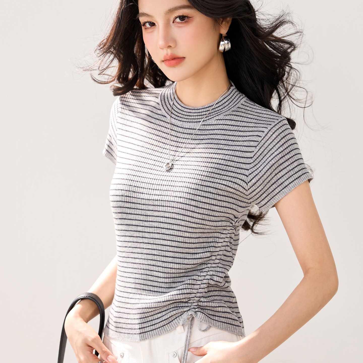 实拍新款冰丝针织衫女短袖夏天抽绳显瘦条纹韩版短款圆领针织T恤