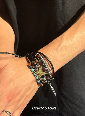 民族风皮质编织多层男款手链女生手串小众男款手绳情侣款欧美饰品