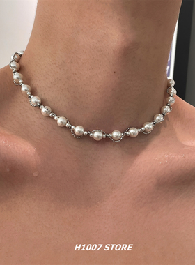 冷淡风珍珠缠绕拼接男款项链女小众设计感锁骨链嘻哈颈链新款手链