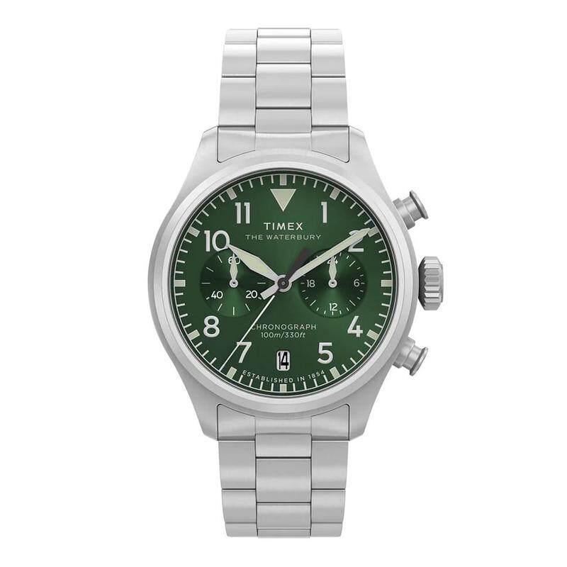 代购Timex天美时男女腕表计时夜光日期测速钢带金属防水绿盘