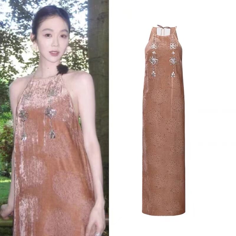 姜妍同款吊带裙丝绒连衣裙女