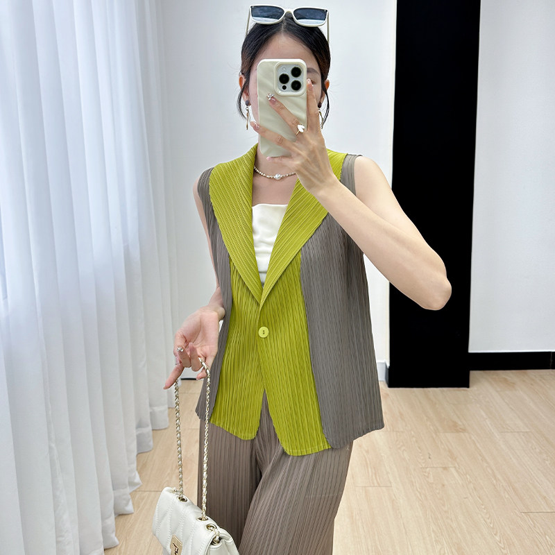 三宅风褶皱看看のPLEATS褶皱时尚休闲工装拼色短袖衬衫无袖外套女