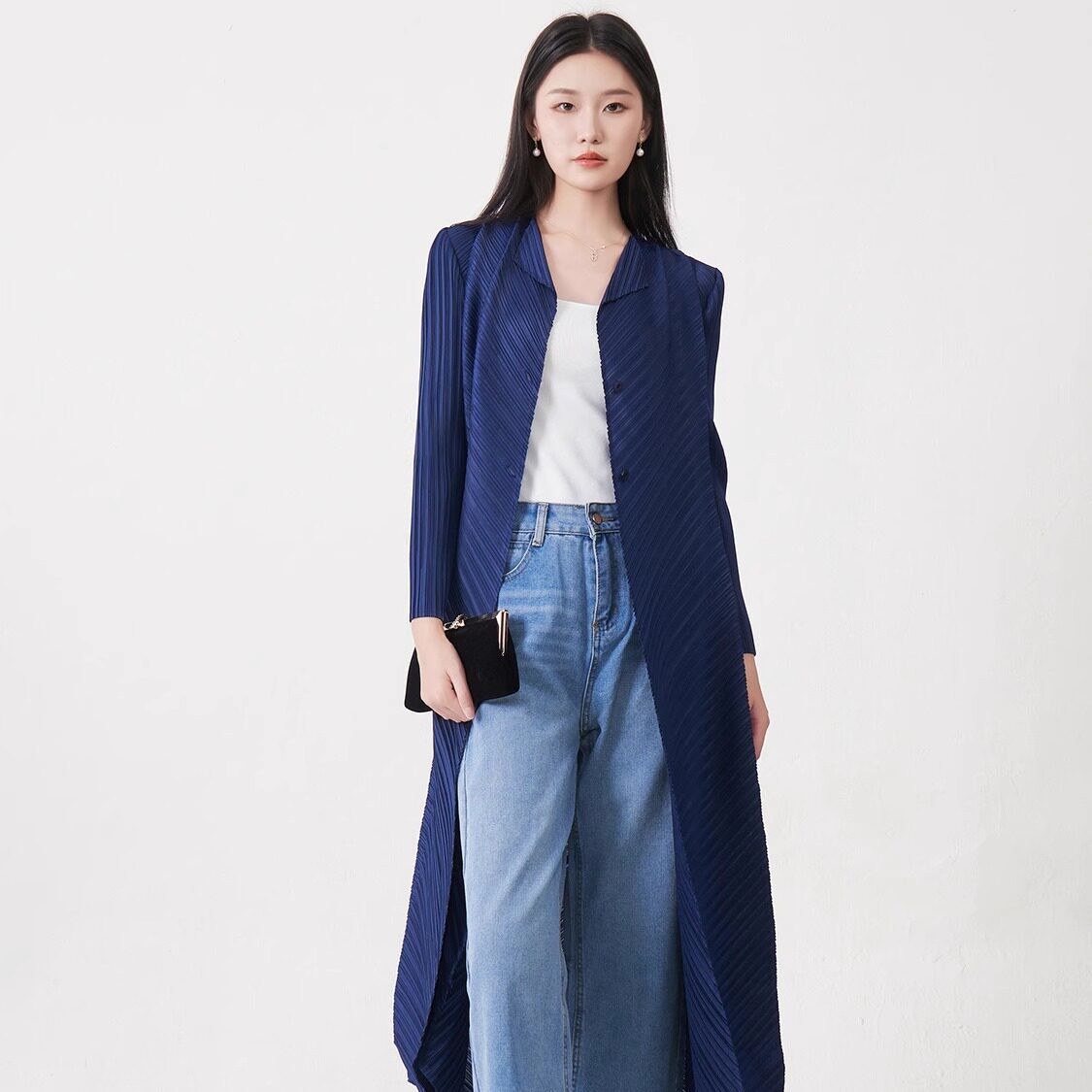 三宅风褶皱 看看のPLEATS 长款风衣外套长袖单排扣不规则百搭开衫