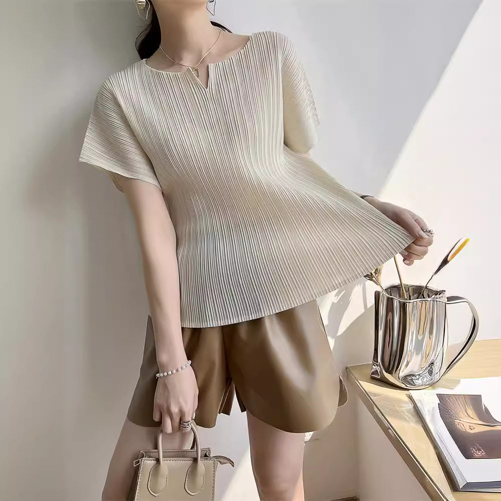 三宅风褶皱看看のPLEATS2024夏季新款上衣领口开叉T恤百搭衣服女