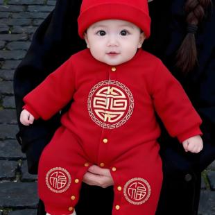 宝宝拜年服冬季婴儿连体衣汉服2026新款大红色喜庆过年衣服加厚款