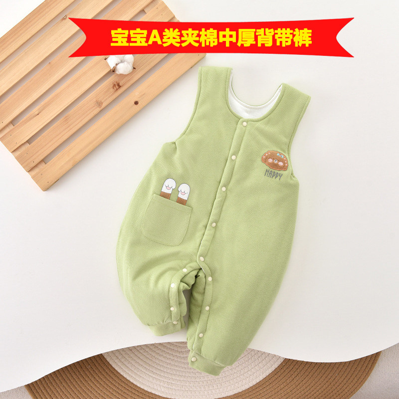 宝宝背带裤秋冬夹棉加厚保暖裤婴儿闭档连体衣棉衣一岁儿童按扣外
