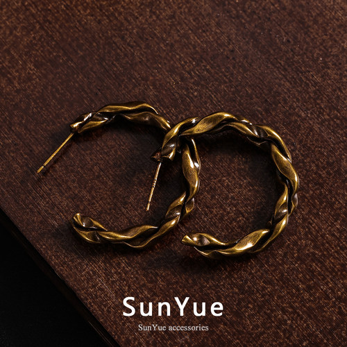 SUNYUE复古银针女耳环银亮面