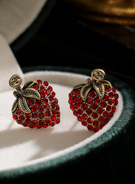 FRENCH【轻度定制】2025年新款耳钉女复古做旧工艺镶嵌红色耳环
