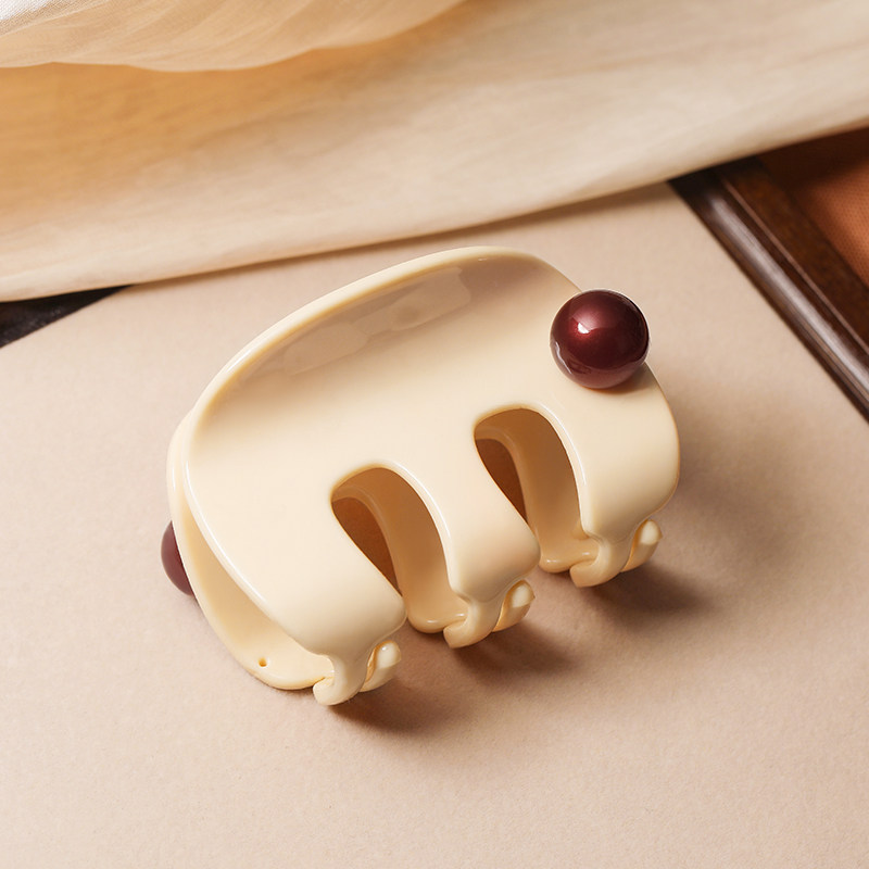 FRENCH轻度发夹女 发量少适用 奶油黄抓夹  镶嵌酒红珍珠高级