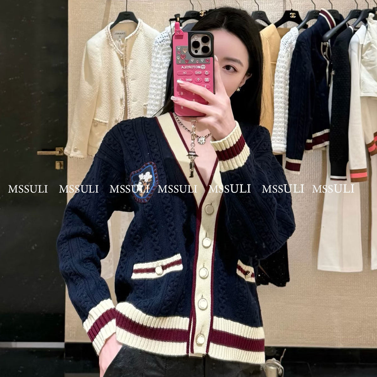 顶配版！26C学院风花朵刺绣条纹针织毛衣开衫外套