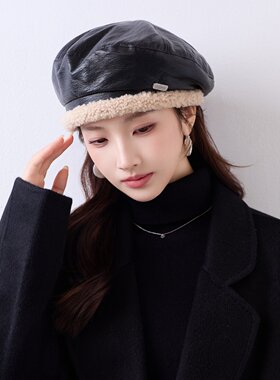 复古PU皮毛绒边八角帽女秋冬时尚画家帽显脸小报童帽防寒贝雷帽子