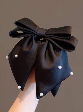 气质复古黑色珍珠蝴蝶结立体抓夹法式高级感缎面后脑勺盘发顶夹女