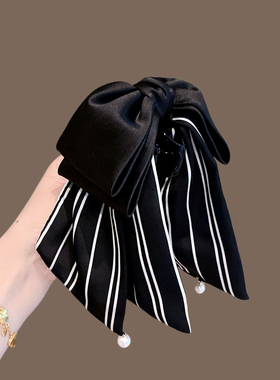 韩国头饰气质条纹蝴蝶结珍珠吊坠马尾抓夹高级感缎面半扎发鲨鱼夹