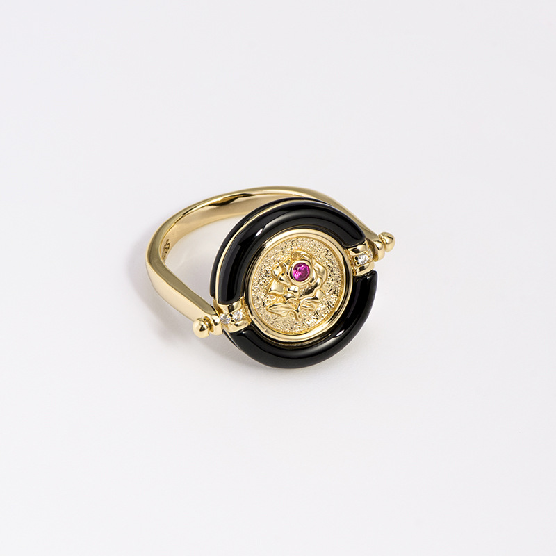 番禺银饰红刚玉黑玛瑙玫瑰戒指复古宫廷925银戒子厂家