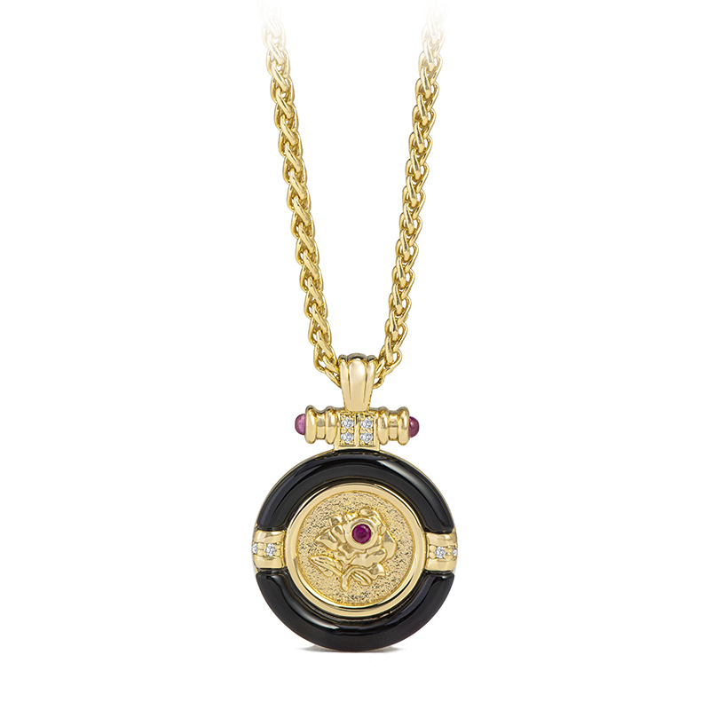 番禺银饰 红刚玉黑玛瑙玫瑰项链复古宫廷925银秋冬毛衣链厂家