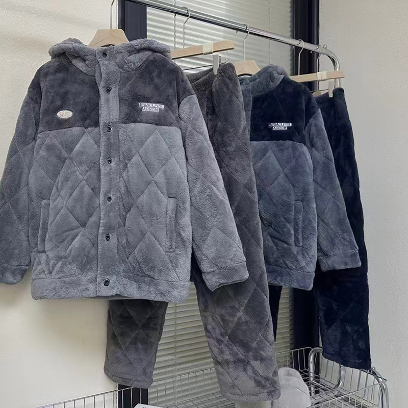 佰伦世家冬季男士睡衣青年连帽家居服珊瑚绒夹棉加厚时尚保暖棉袄