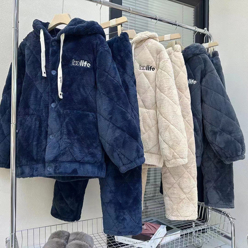 佰伦世家冬季情侣睡衣男连帽加厚加绒珊瑚绒夹棉家居服女青年套装