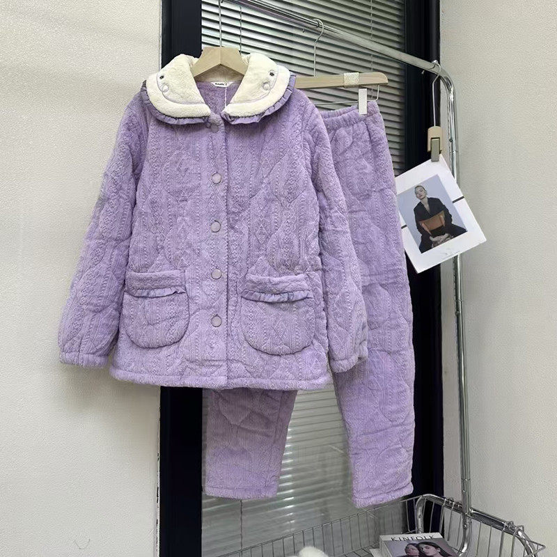 佰伦世家女士睡衣新品加厚加绒保暖棉衣时尚牛奶绒夹棉柔软家居服