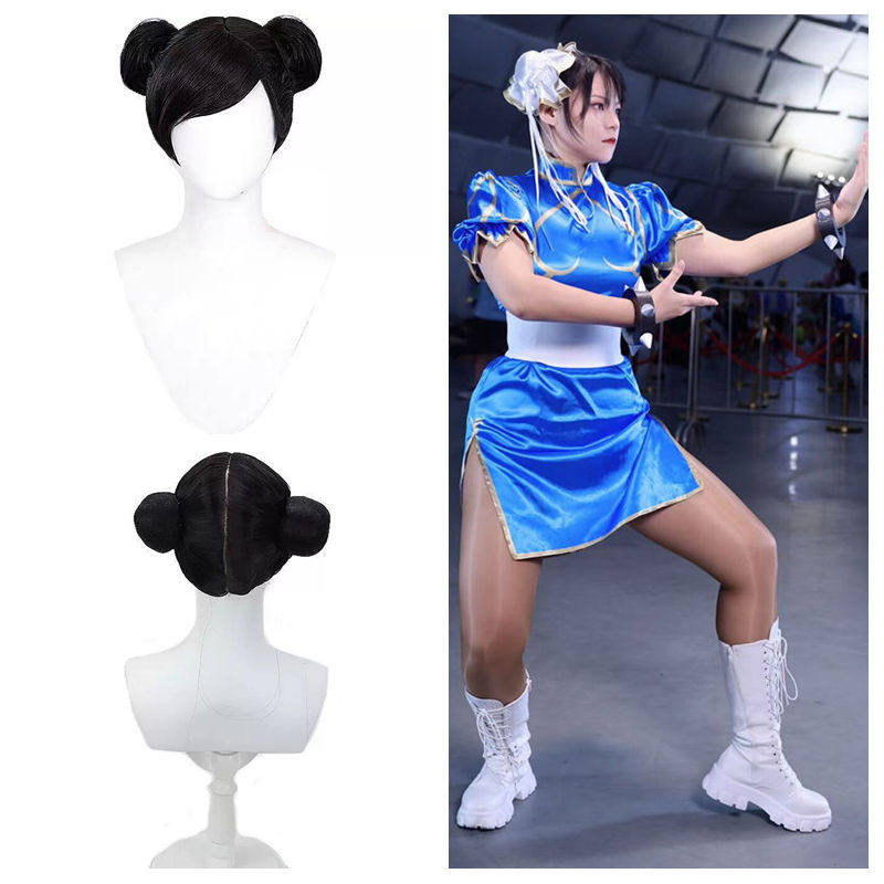 春丽假发游戏街头霸王动漫cosp假毛黑色古装发包丸子头套 万圣节