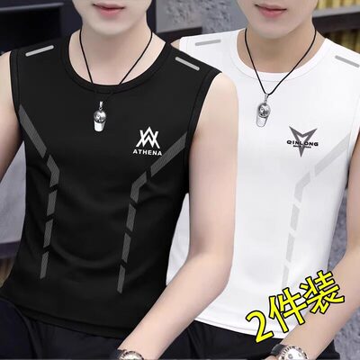 夏季男士冰丝透气背心运动健身打底衫宽肩训练无袖t恤坎肩速干