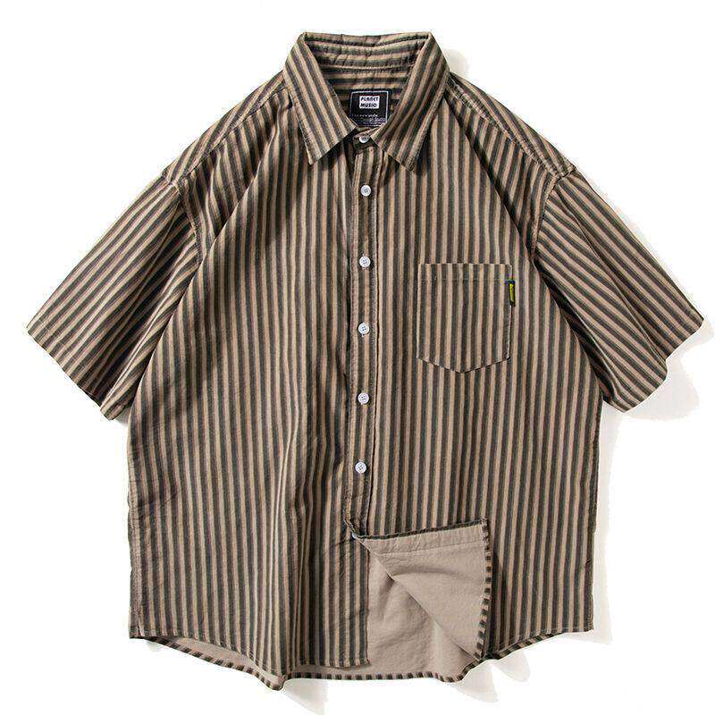 日系水洗条纹工装短袖衬衫男款潮流潮牌宽松五分袖高街风复古衬衣