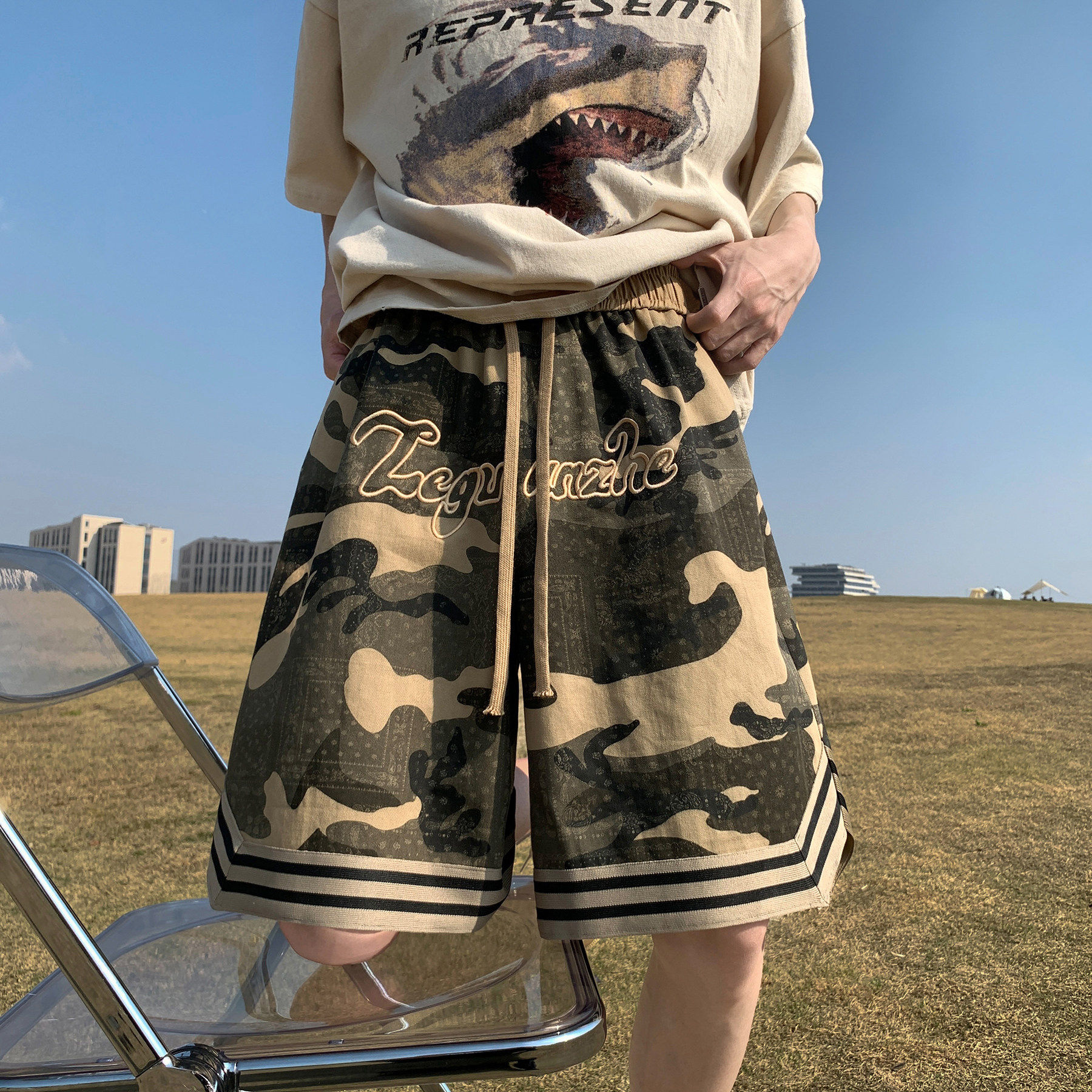 美式复古刺绣迷彩工装短裤男士夏季潮牌宽松休闲五分篮球时尚裤子