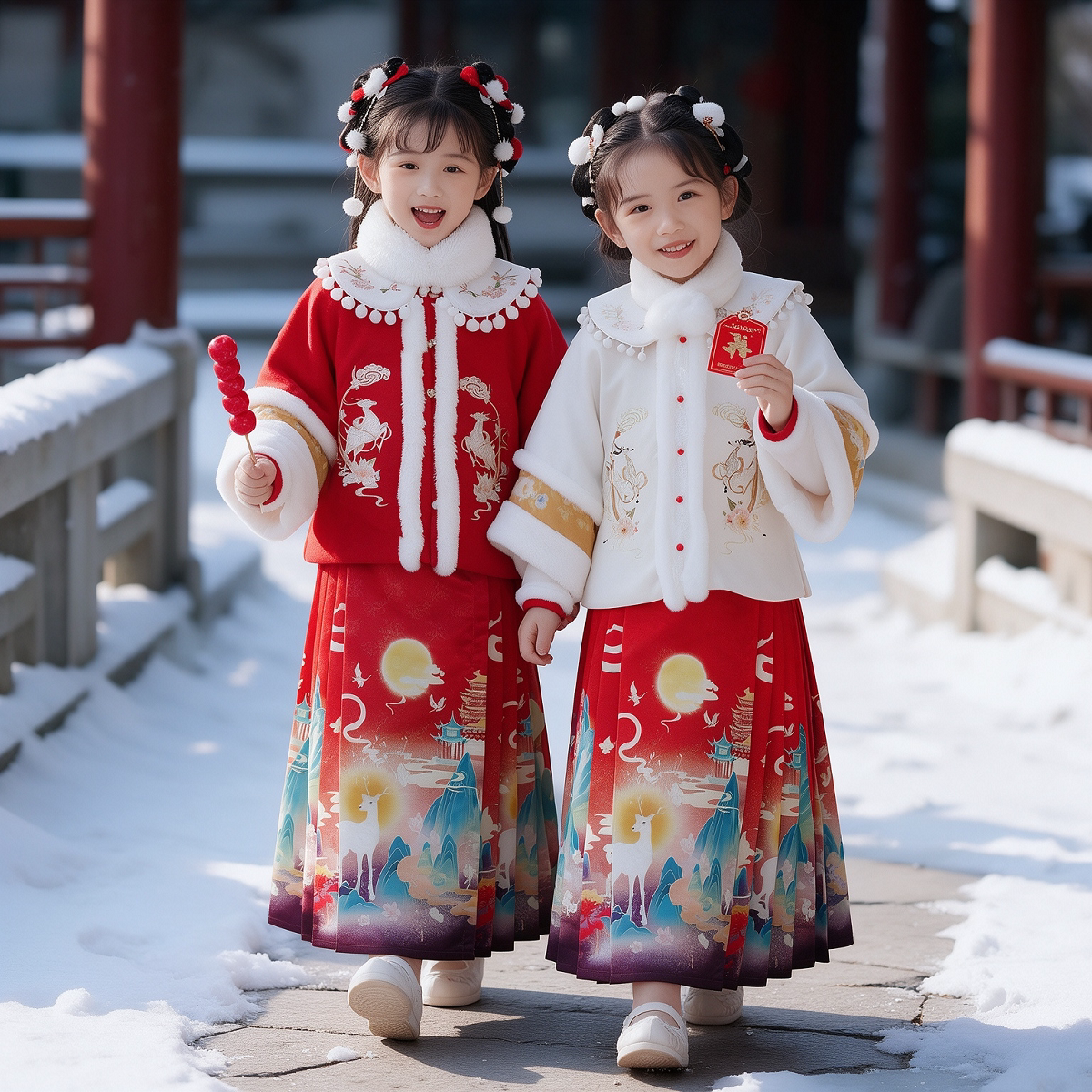 元旦儿童拜年过新年服装加绒衣服女孩中国风古汉服马面裙亲子披风