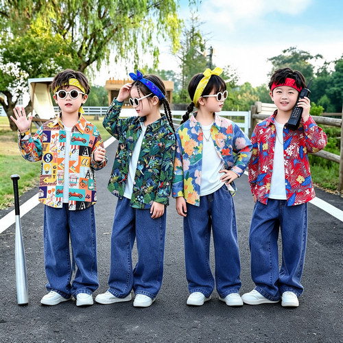 港风复古80年代花衬衫儿童啦啦队表演出服装中小学生运动会开幕式