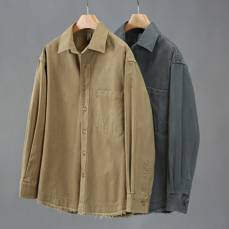 100%纯棉宽松落肩袖长袖衬衫外套男复古全棉水洗做旧工装衬衫