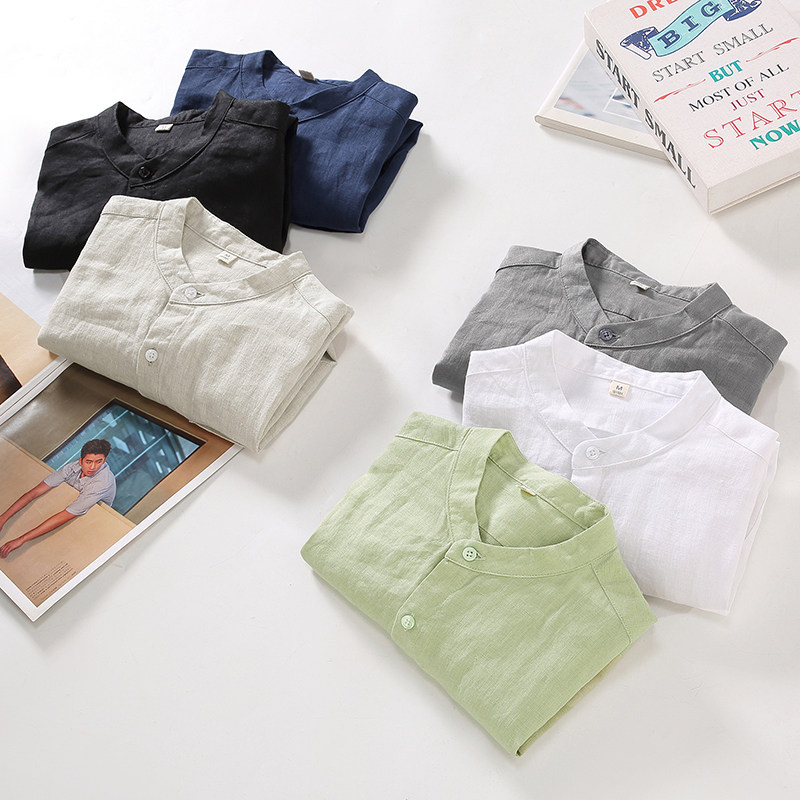 100%纯亚主林休闲长袖衬衫男士春秋季薄款男装新国风宽松男上衣