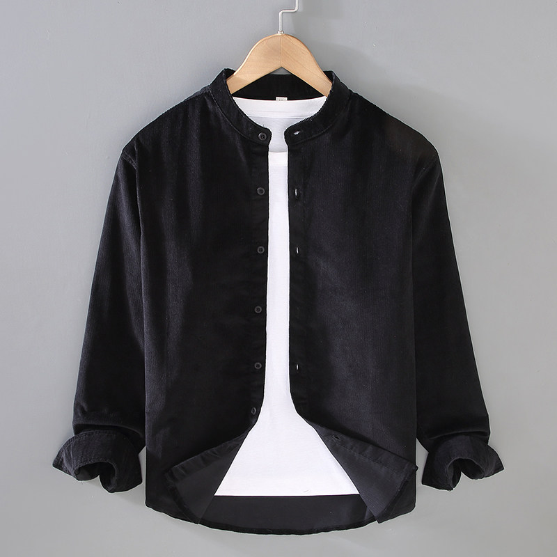 100%纯棉复古无领灯芯绒衬衫男长袖立领纯棉条绒上衣商务休闲衬衣