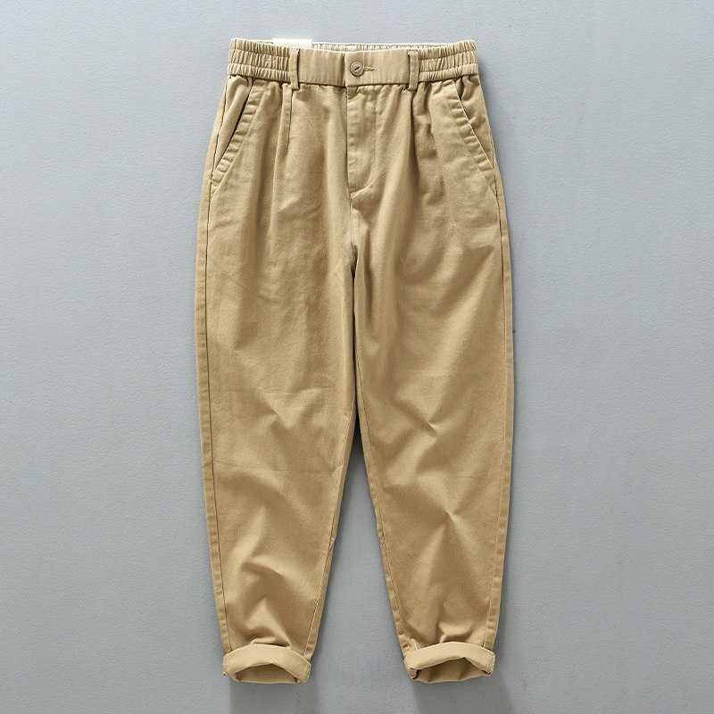 【100%棉】春秋季宽松休闲裤男松紧腰直筒工装裤百搭卡其色长裤
