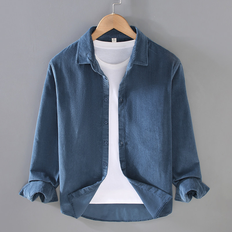 100%纯棉灯芯绒衬衫男长袖宽松百搭舒适纯棉衬衣休闲纯色上衣