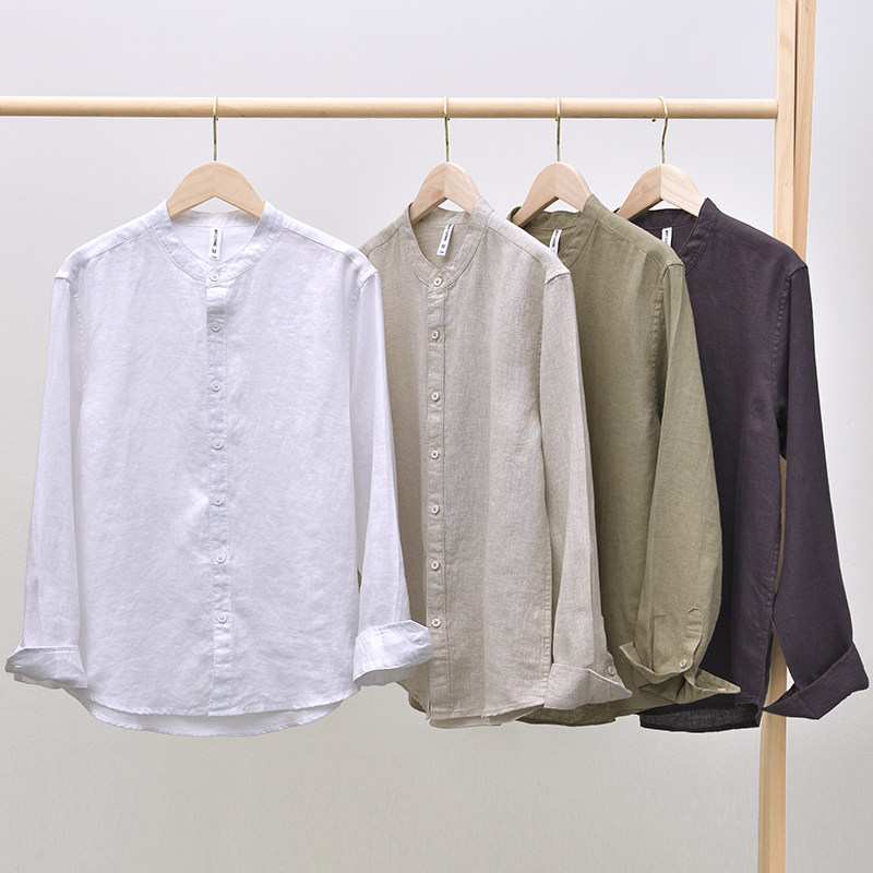 【纯亚麻】纯亚麻中式休闲长袖立领复古中式商务休闲衬衫宽松衬衣