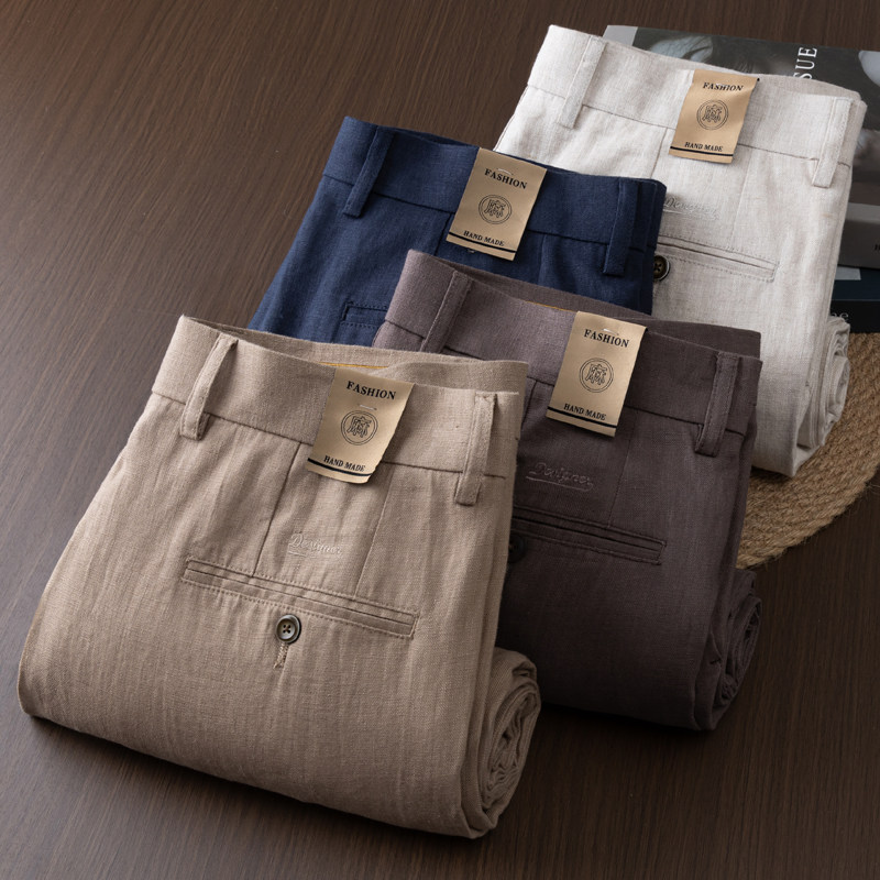 亚麻直筒高腰透气休闲裤