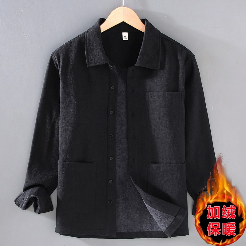 棉麻加绒日系工装风苎麻保暖衬衫男长袖翻领宽松休闲衬衣外套
