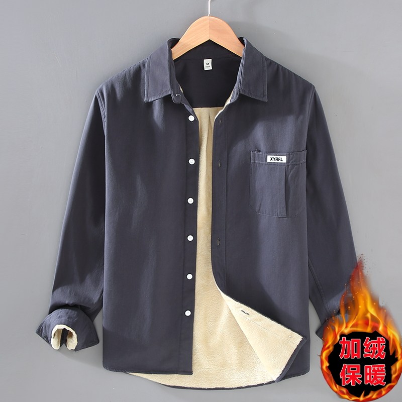 100%棉加绒休闲风纯棉加绒衬衫男长袖保暖衬衣外套工装