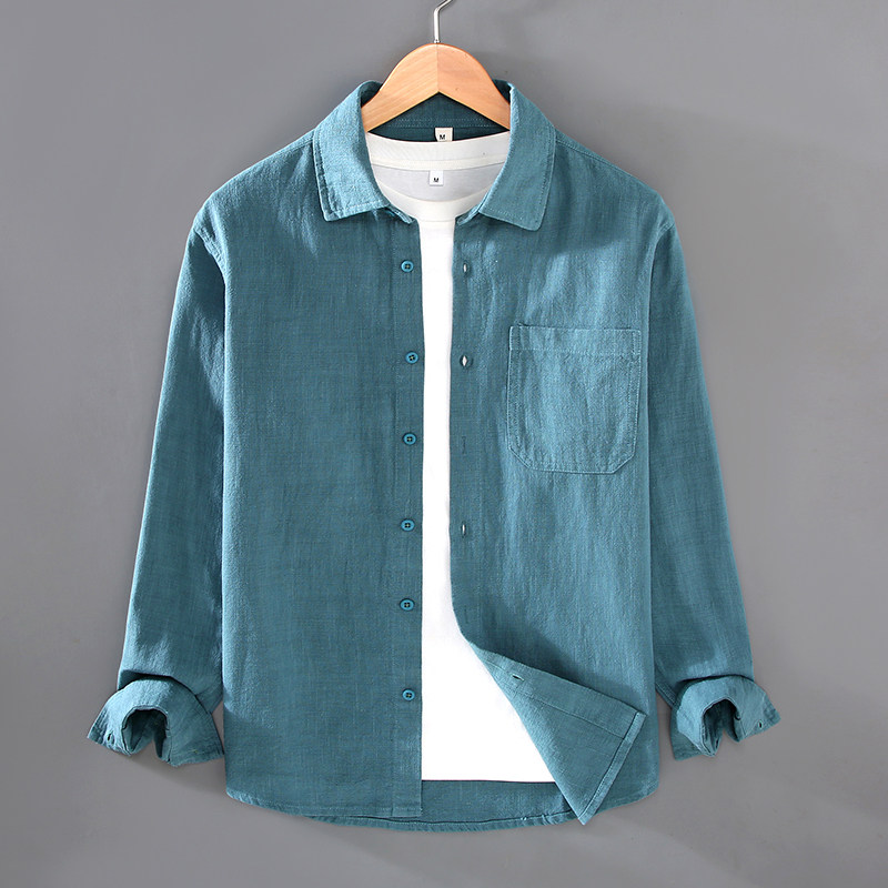 棉麻简约苎麻长袖男士衬衫吸汗透气新款潮流休闲宽松百搭青年衬衣