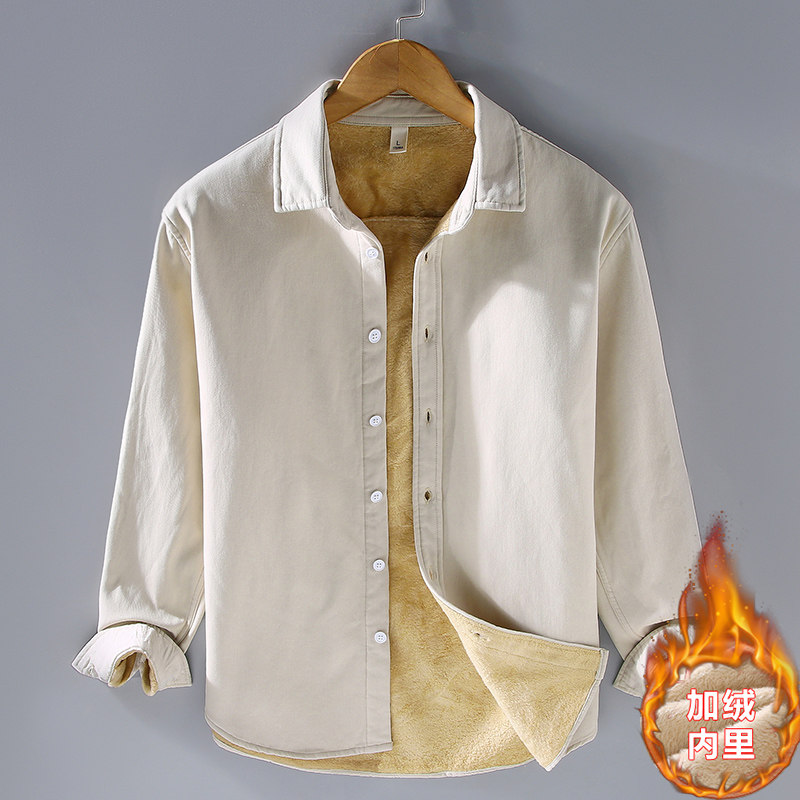 100%棉加绒保暖休闲风翻领加厚衬衫男长袖宽松保暖纯棉外穿衬衣绒