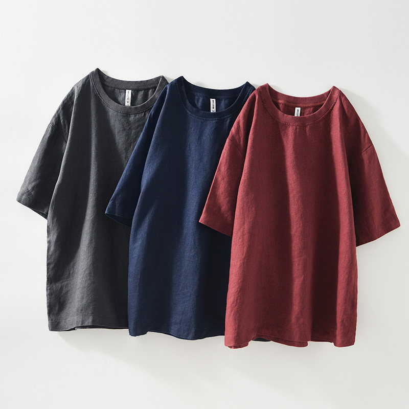 夏季纯亚麻短袖t恤男美式复古嘻哈薄款休闲套头上衣青年圆领T恤