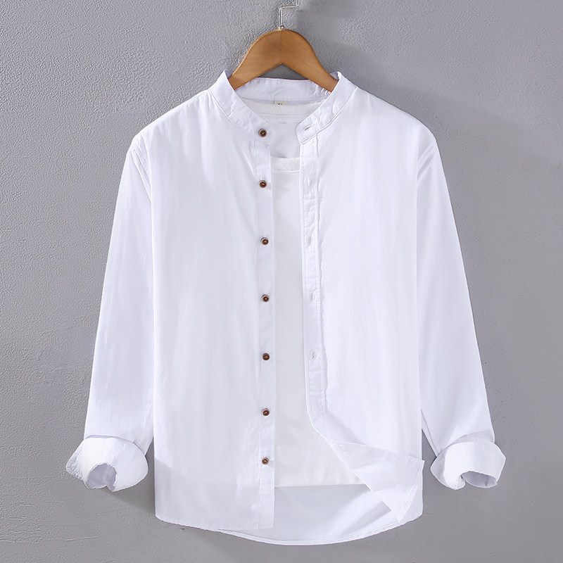 100%纯棉长袖衬衫男立领纯棉宽松复古高端商务休闲纯色修身衬衣