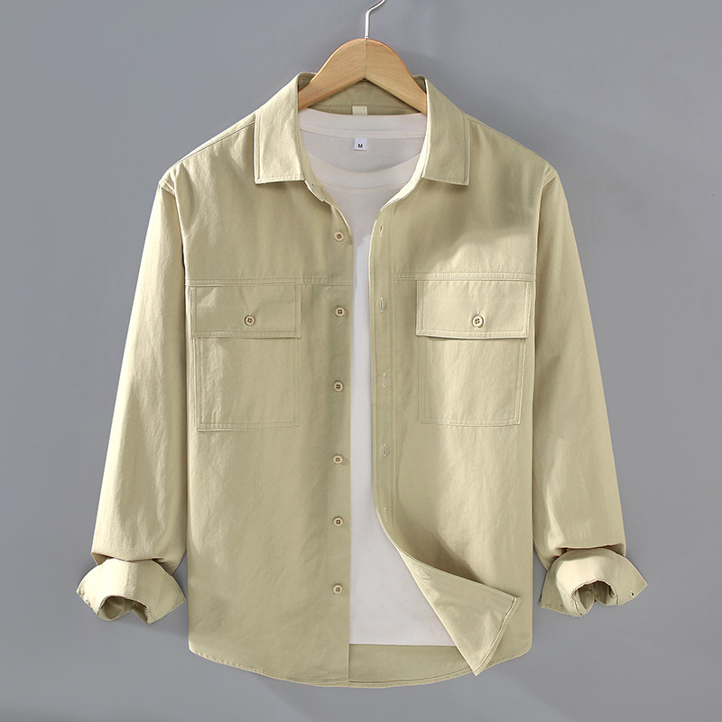 100%纯棉男士工装长袖衬衫商务休闲简约清新男款上衣休闲衬衣外套
